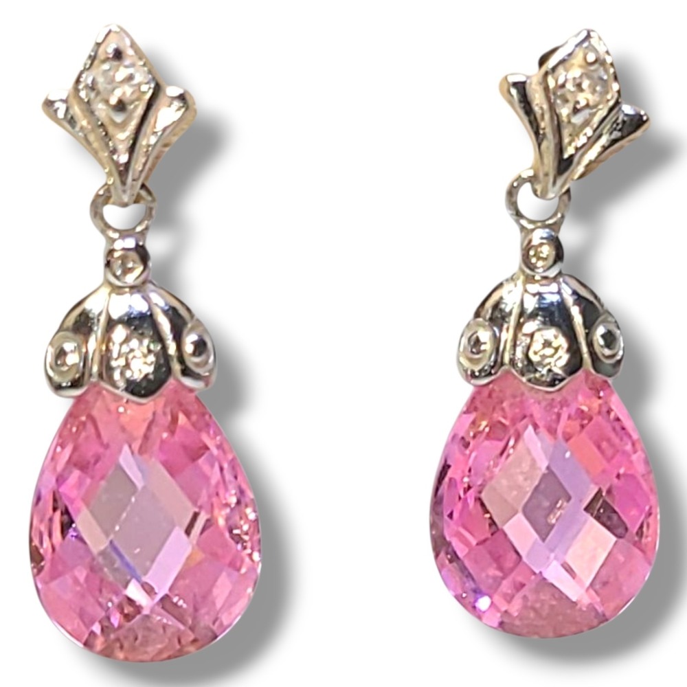 925 Sterling Silver Pink Crystal Teardrop Dangle Drop Earrings